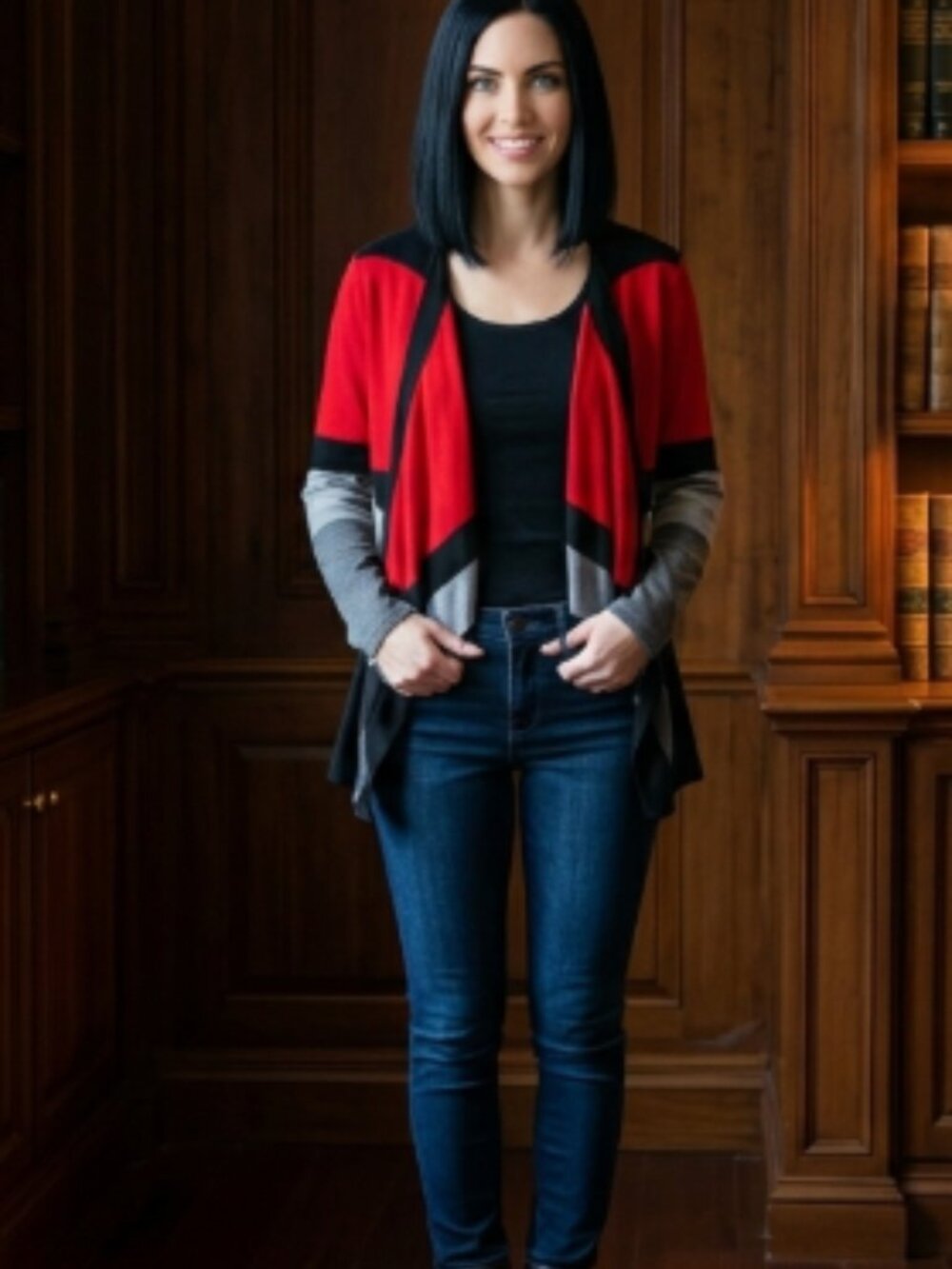 Tanjay Petite Colorblock Drape Front Open Cardigan Sweater Size PM Red Black